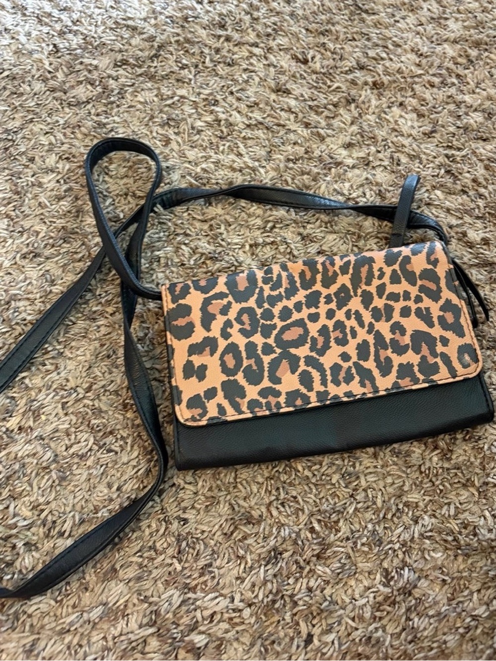 Leopard Print Flap Crossbody Bag - Black and Tan